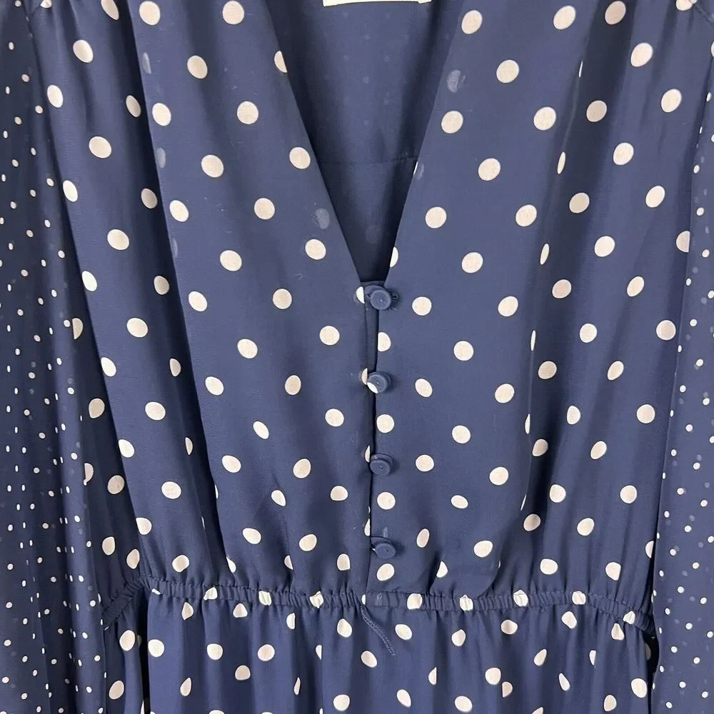 Eliza J Blue Pink Polka Dot Chiffon 3/4 Puff Sleeve V Neck Ruffle Bottom Dress 4